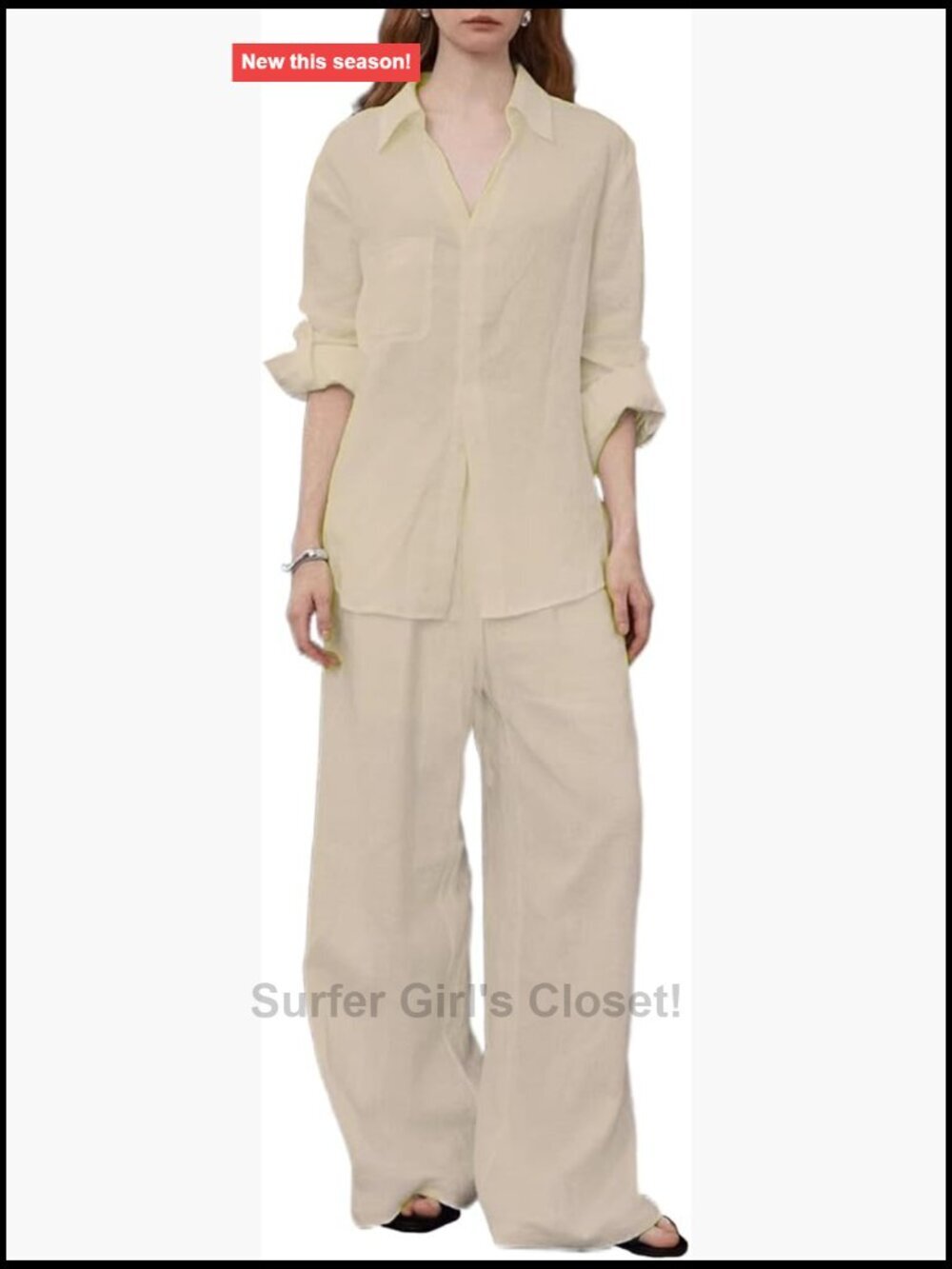 Women's Linen Blend 2 Piece Set Long Sleeve Button Down Shirt & Wide Leg Pants